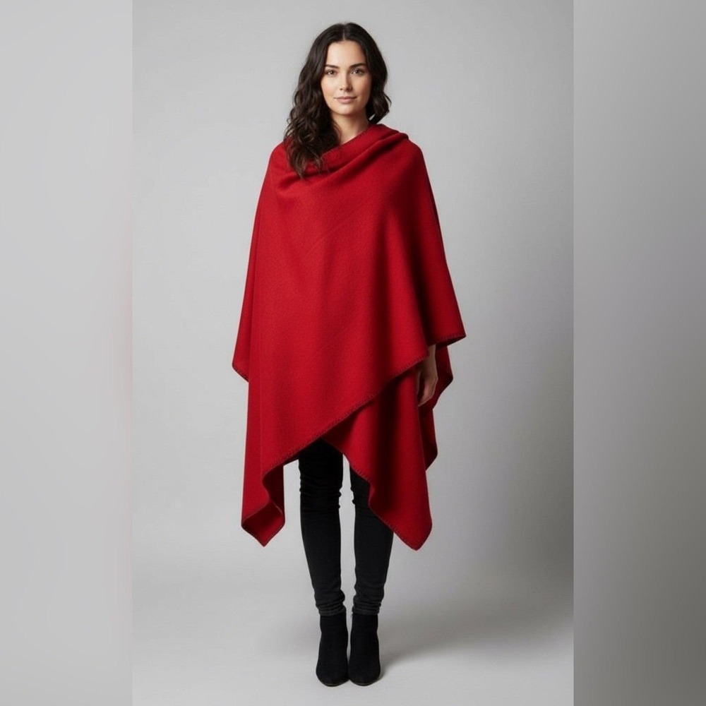 Peruvian Soul Red Felted Alpaca Shawl Wrap Cape crochet trim Horn Toggle Pin New